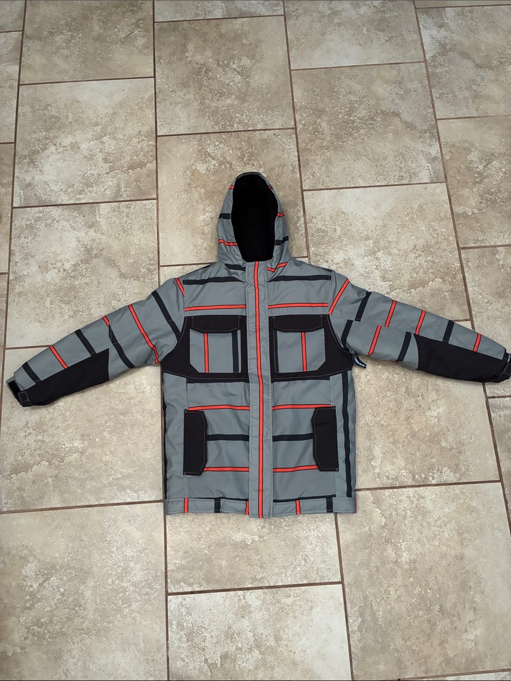 Old Navy Gray & Red Striped Kids Puffer Jacket with Hood